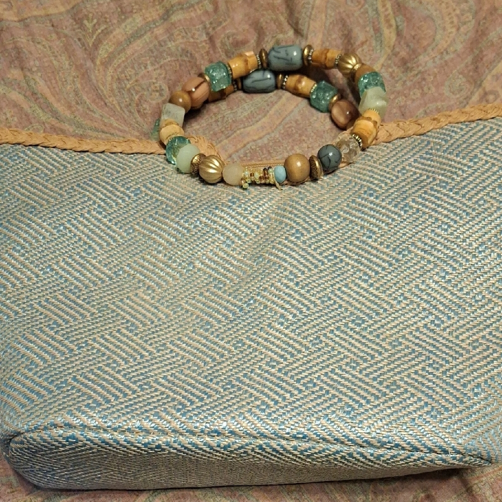 Capelli of New York Light Blue Woven Clutch with Beaded Handles